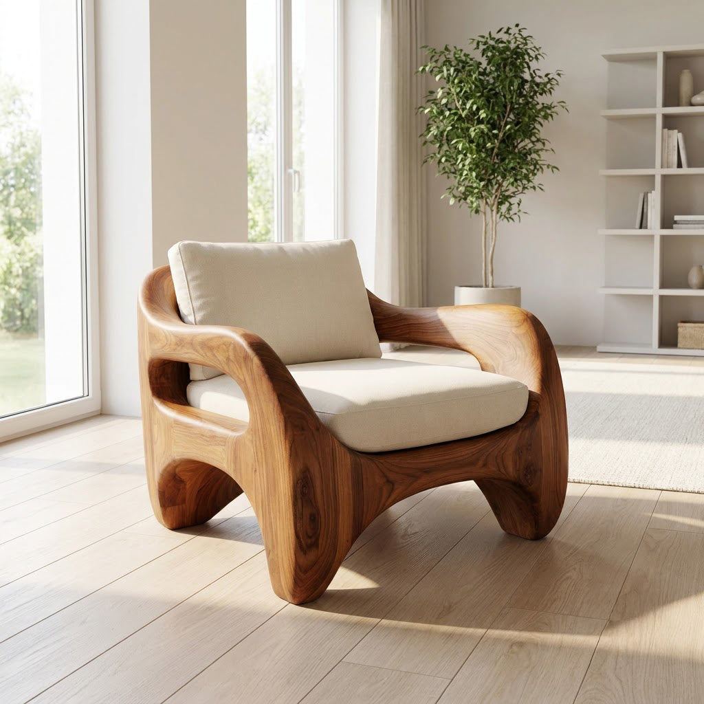 Sculptural solid wood accent chair showcased in a contemporary seating area