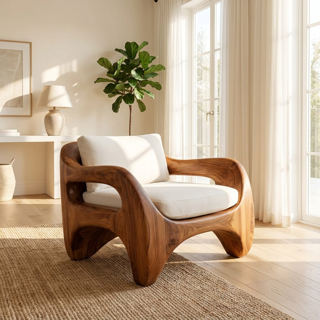 Artistic solid wood monolithic chair frame enhancing an elegant home interior