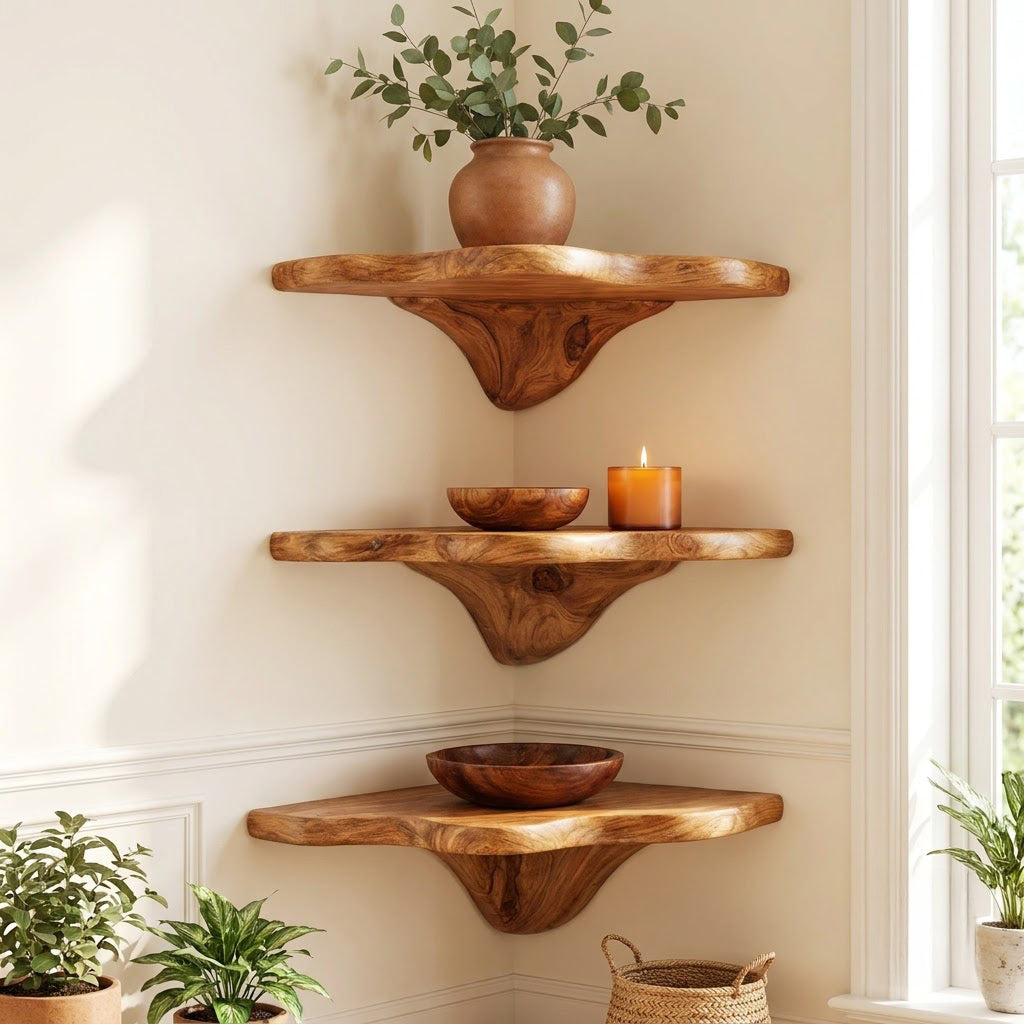 Sculptural mushroom corner shelf in solid wood