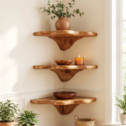 Sculptural mushroom corner shelf in solid wood