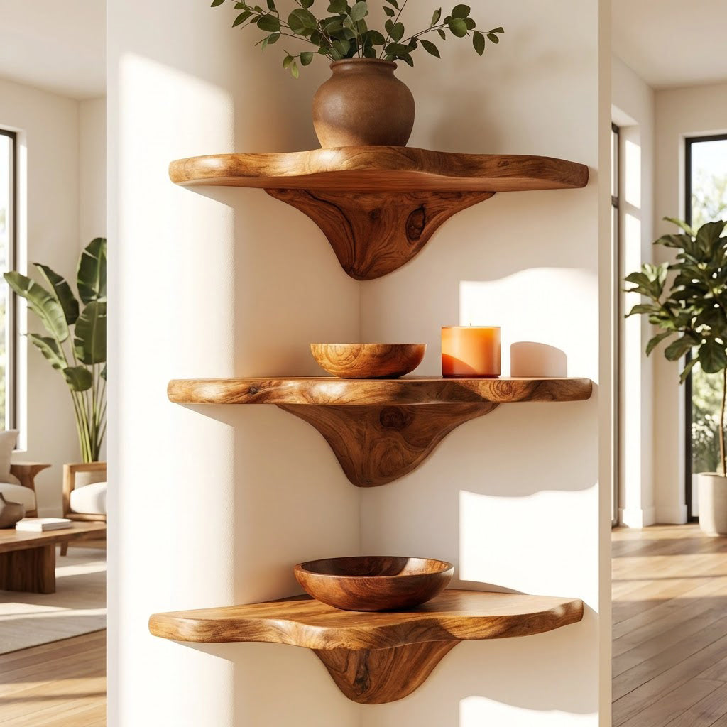 Sculptural solid wood mushroom corner shelf in a contemporary living room