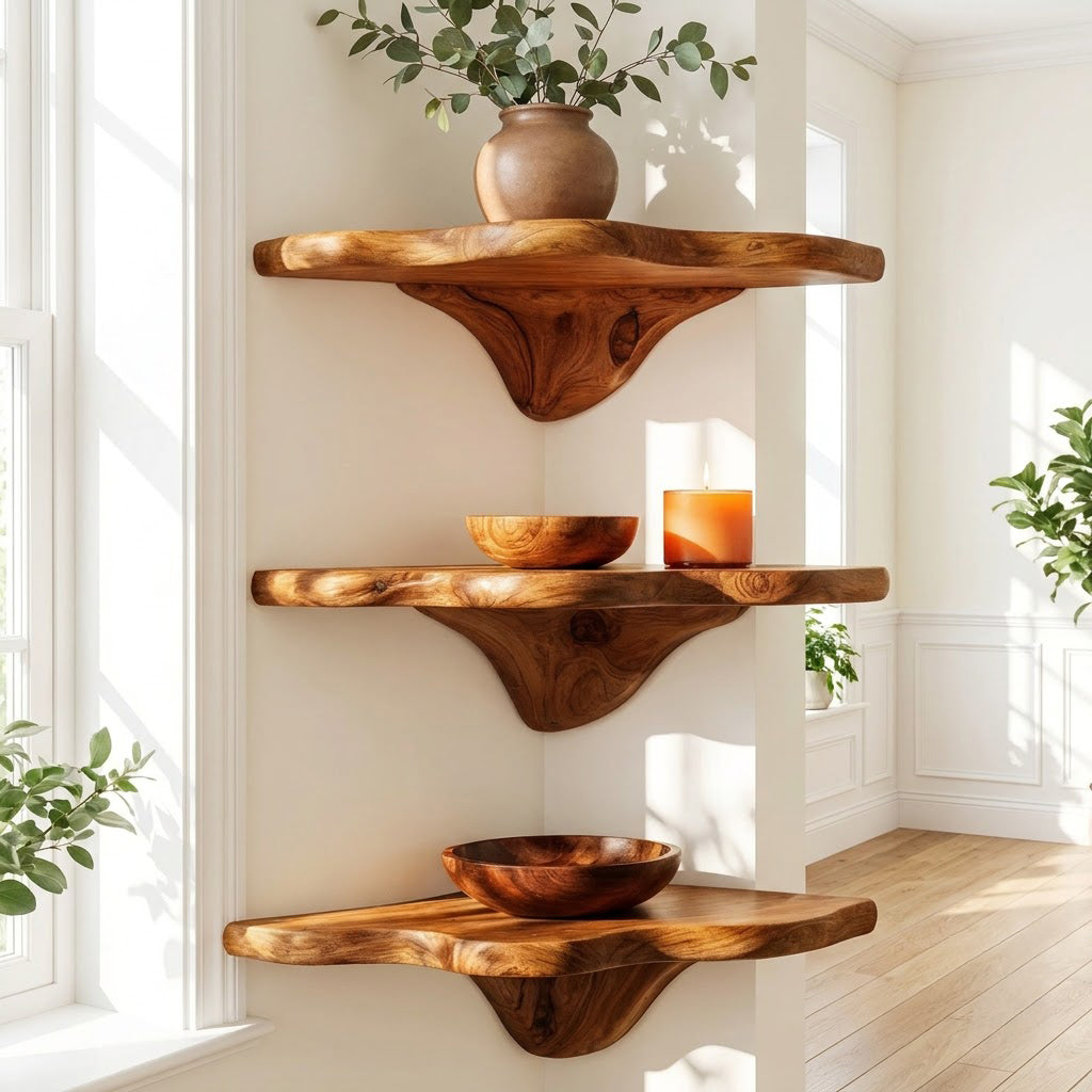 Organic solid wood biomorphic display ledge in a minimalist home office