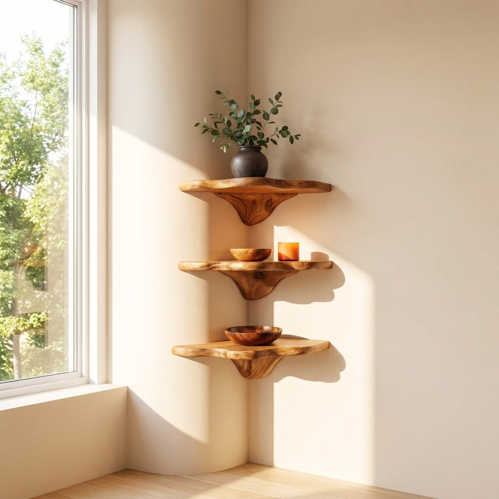 Organic solid wood biomorphic display ledge in a minimalist home office