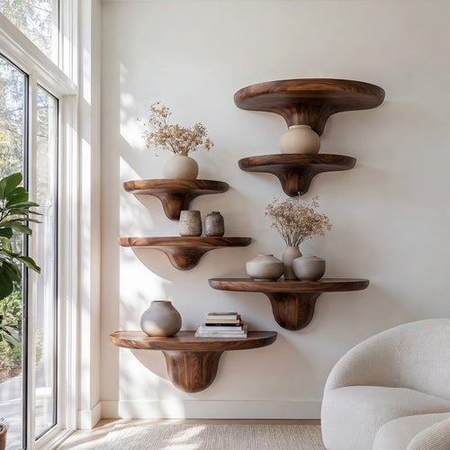 Sculptural Hand-Carved Mushroom Solid Wood Floating Shelves & Biomorphic Wall Display Ledges