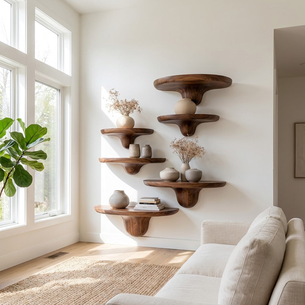 Sculptural solid wood mushroom floating shelves in a contemporary living room