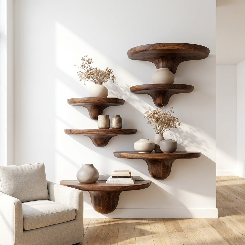 Hand-carved solid wood biomorphic wall display ledges in a modern reading nook