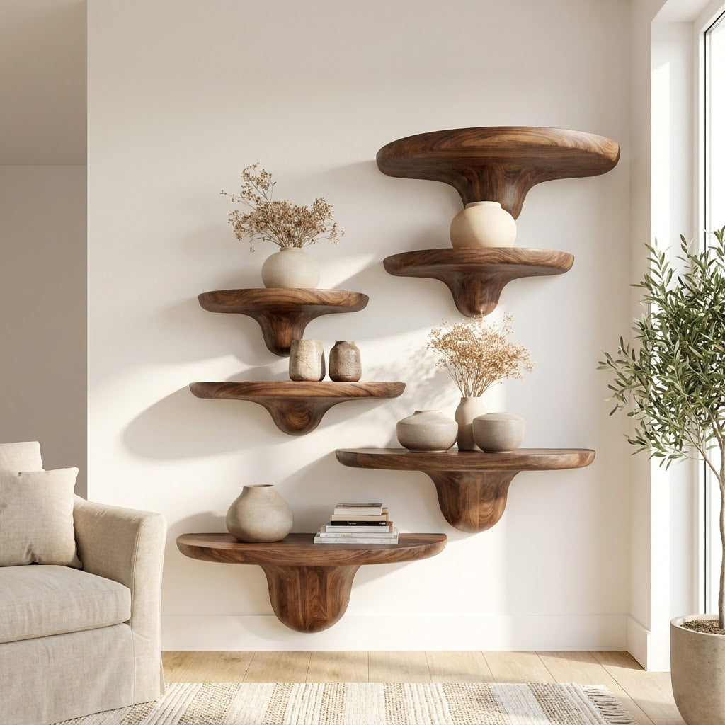 Artistic solid wood floating shelves enhancing a contemporary living space