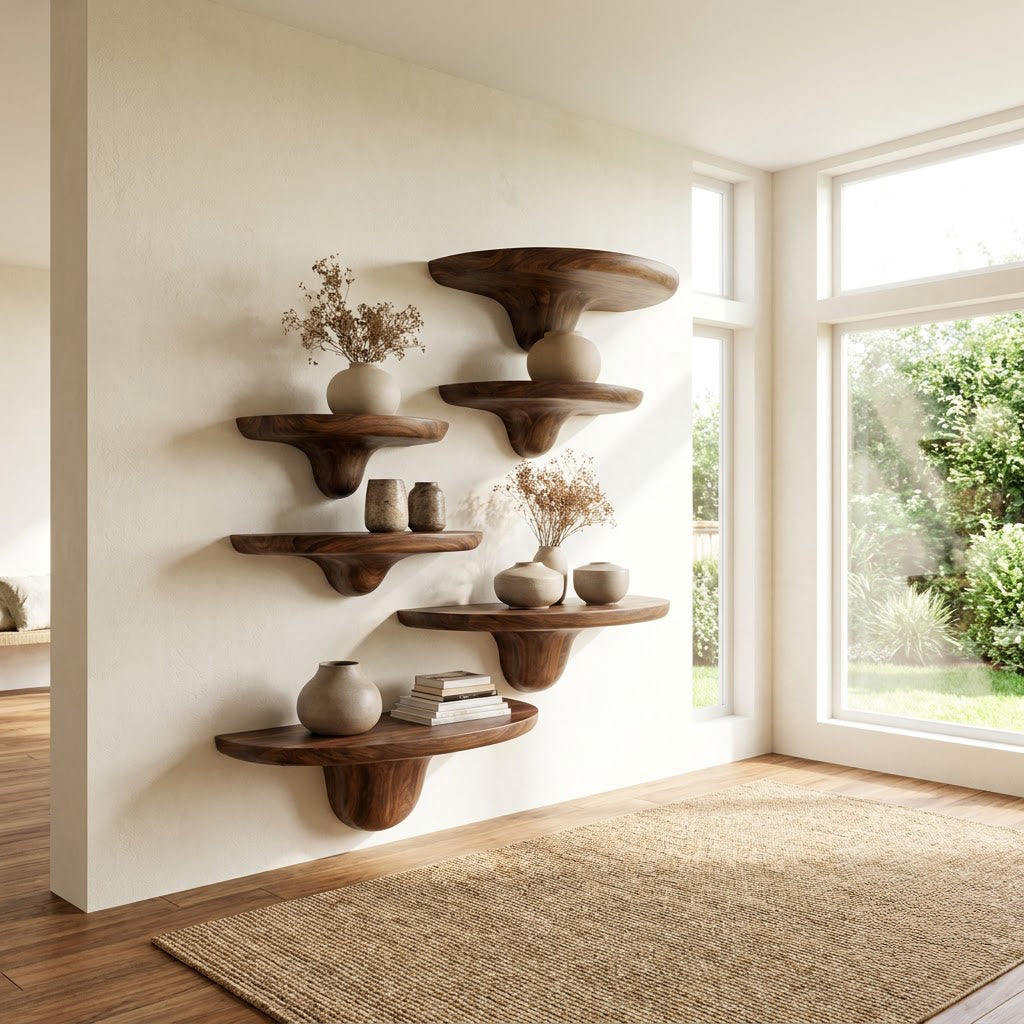 Sculptural solid wood wall display ledges showcased in an elegant home interior
