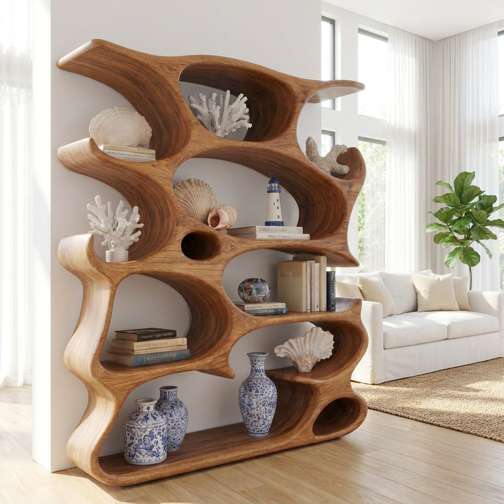 Sculptural organic display shelf crafted from solid wood with a unique cavity design