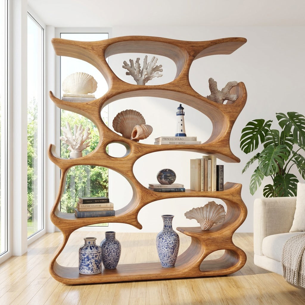 Sculptural hand-carved solid wood display shelf with an organic cavity design for modern interiors
