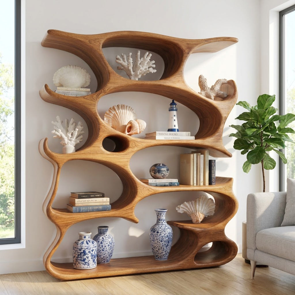 Hand-carved solid wood display shelf with organic cavity detailing for contemporary living spaces