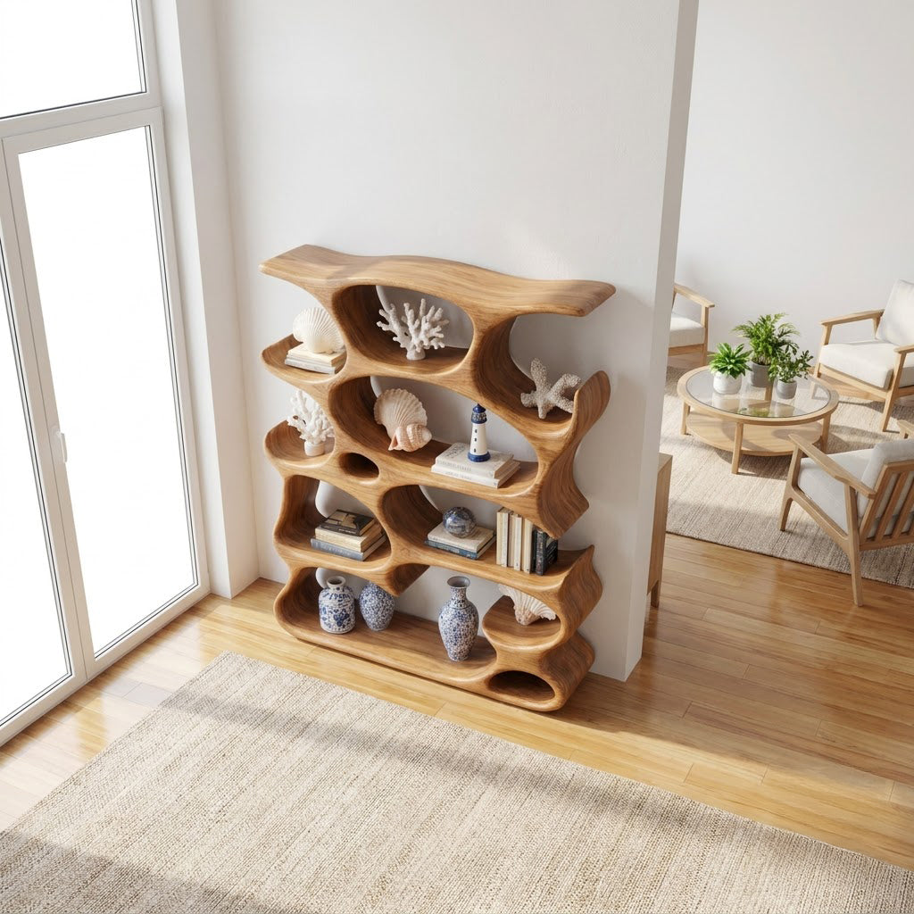 Sculptural solid wood display shelf with a unique carved cavity design for stylish home interiors