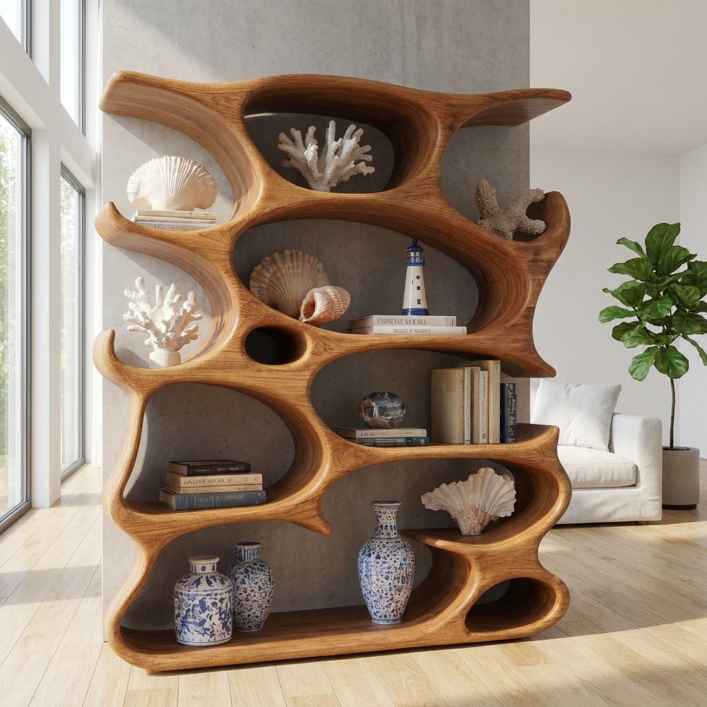 Organic solid wood display shelf with sculptural hand-carved cavities for elegant modern spaces