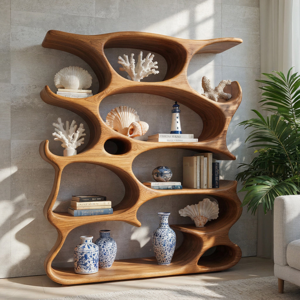 Display shelf solid wood hand-carved organic cavity design for contemporary living spaces