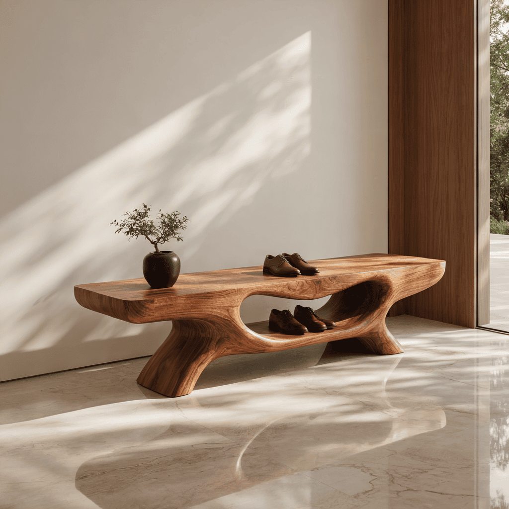 Sculptural hand-carved organic solid wood entryway shoe bench with storage cavity for modern entryways