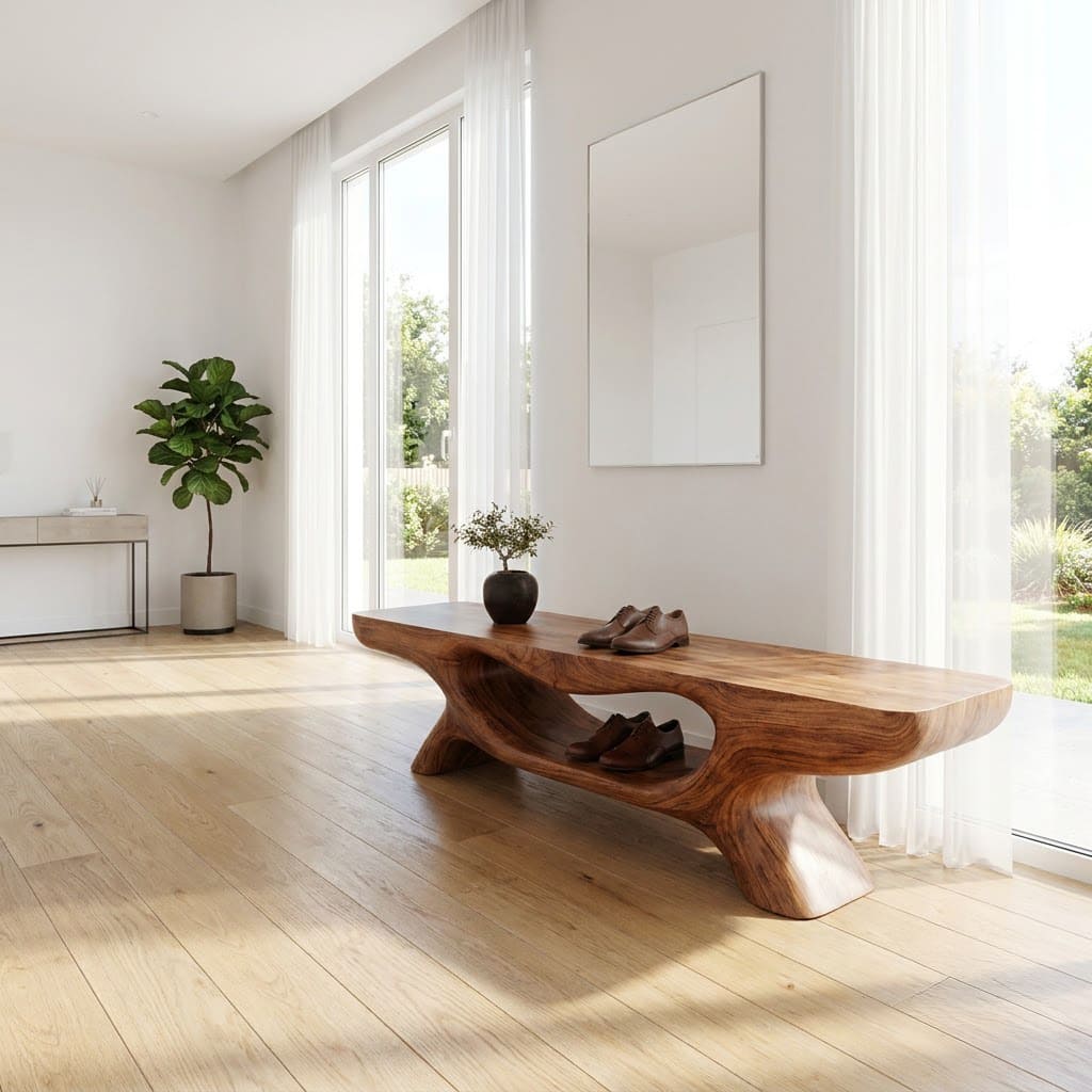 Hand-carved solid wood entryway shoe bench with organic detailing and storage for stylish home interiors