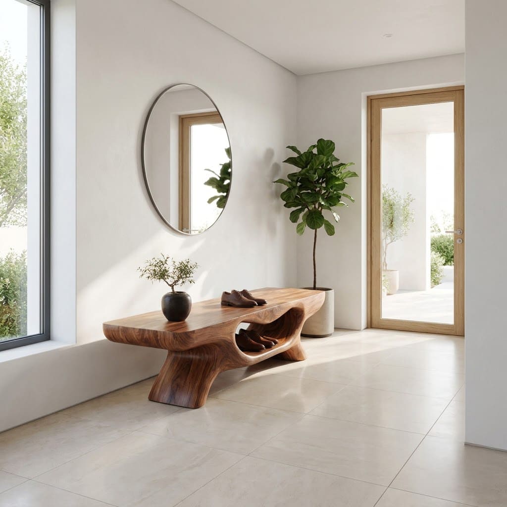 Sculptural solid wood shoe bench with an organic carved design and integrated storage cavity for contemporary entryways
