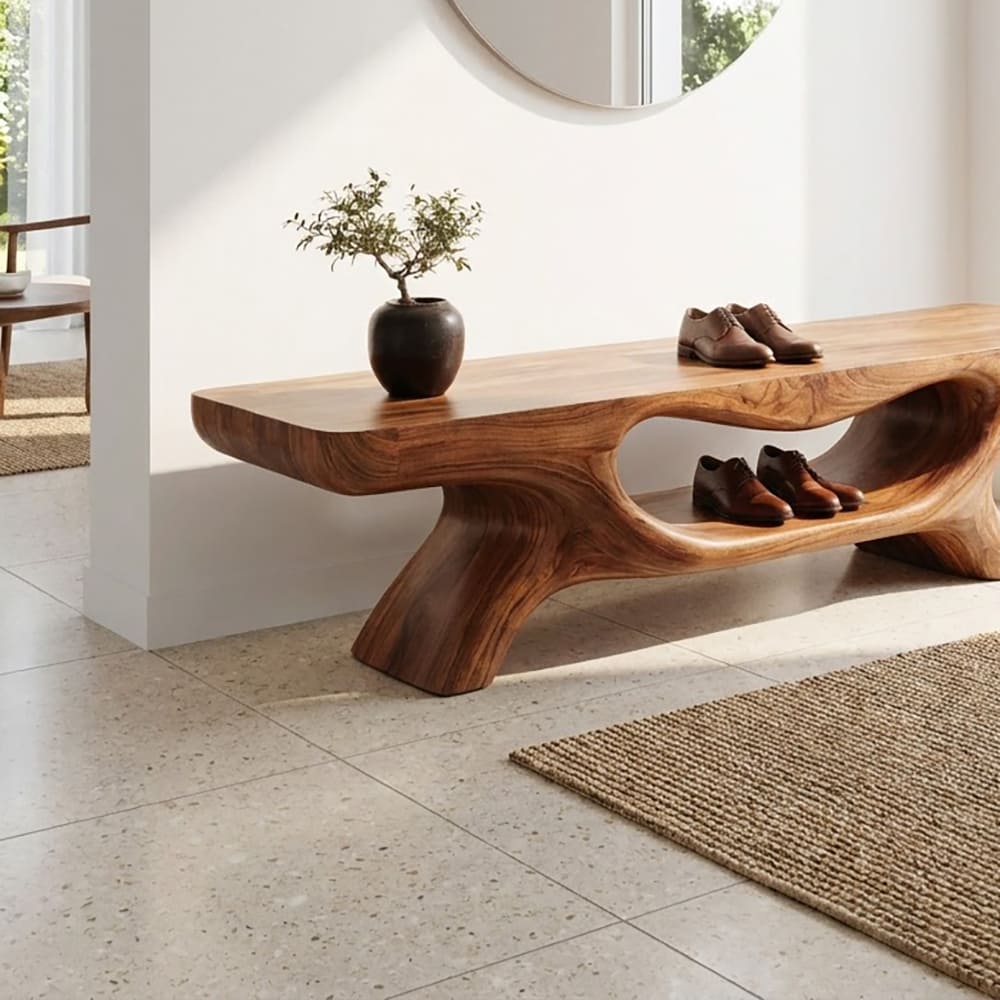 Hand-carved organic solid wood entryway shoe bench with integrated storage