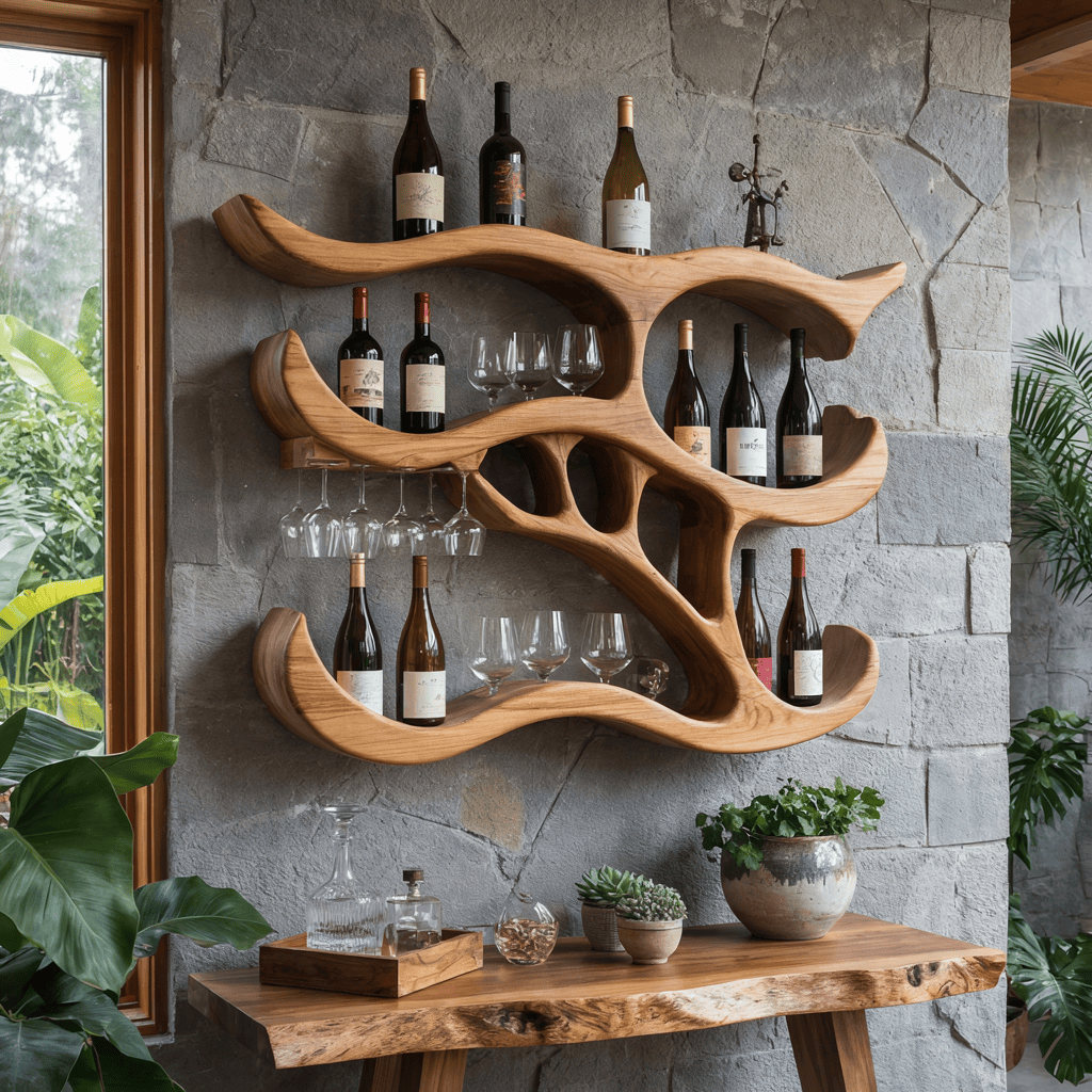 Sculptural organic wall wine rack crafted from solid wood with a hand-carved design