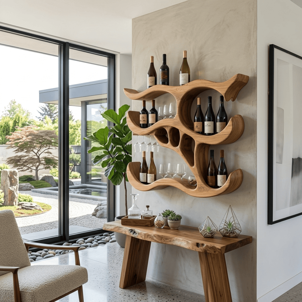 Hand-carved solid wood wall wine rack with organic design and stemware holder for contemporary interiors
