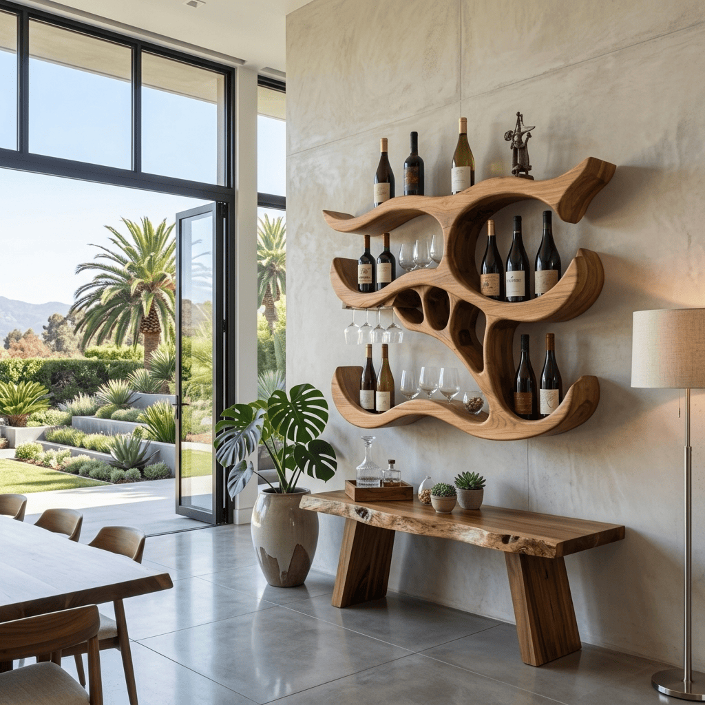 Sculptural hand-carved solid wood wall wine rack with stemware glass holder for modern dining rooms