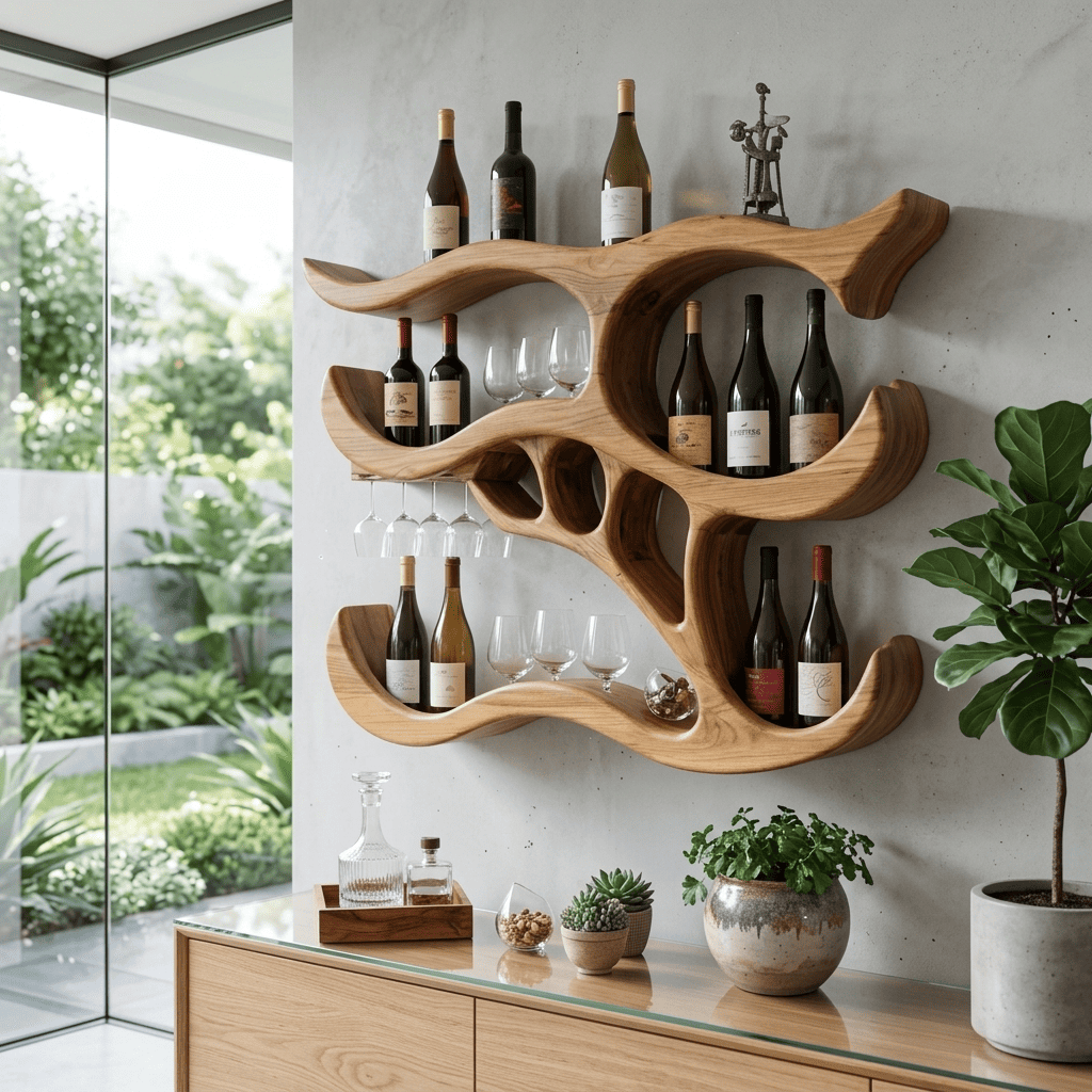 Sculptural organic solid wood wine rack with integrated glass holder for stylish home bar spaces