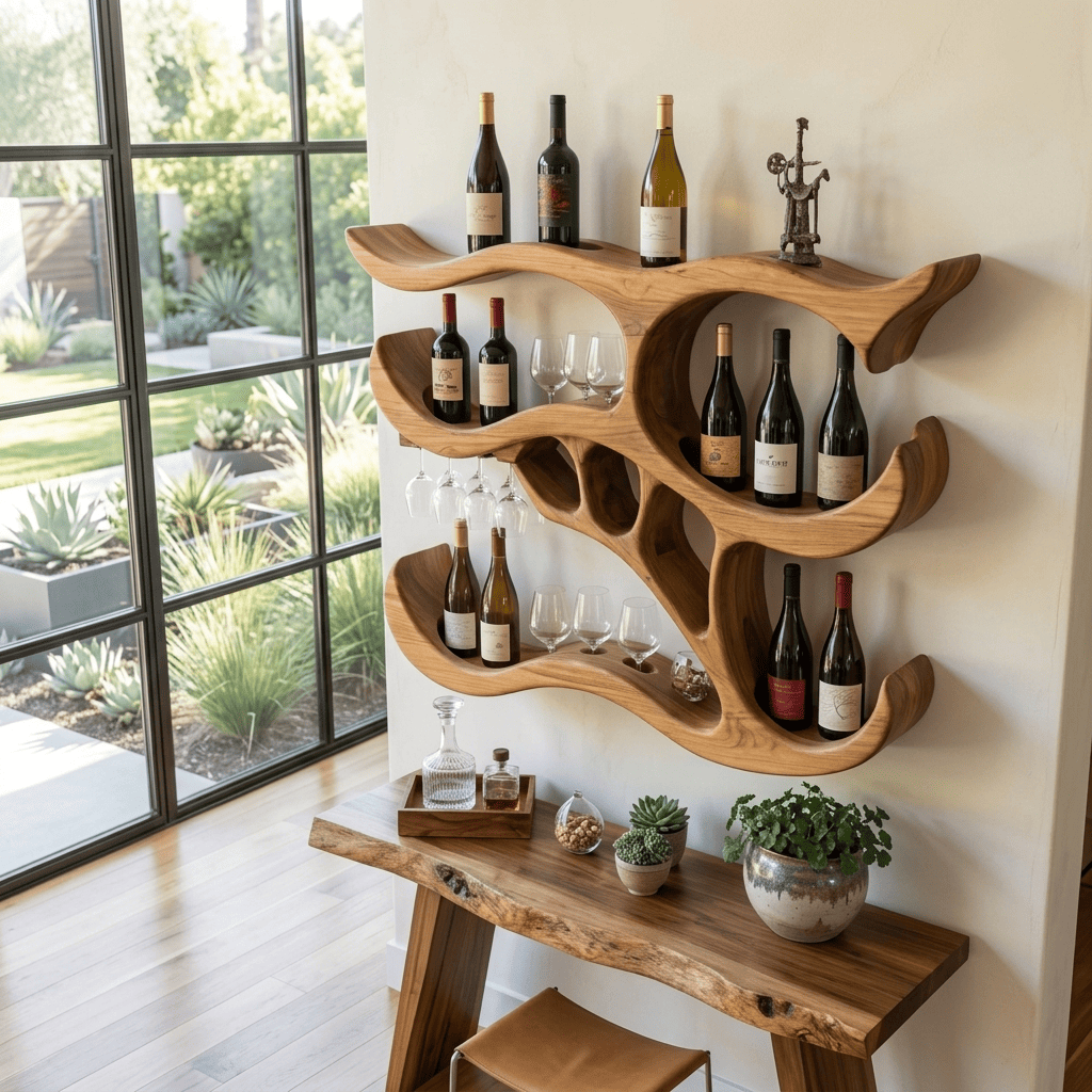 Hand-carved solid wood wall wine rack with wine bottle storage and stemware holder for elegant dining areas