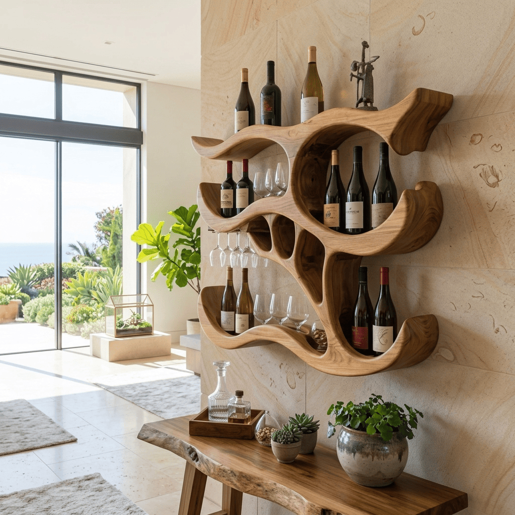 Sculptural Hand-Carved Organic Solid Wood Wall Wine Rack with Stemware Glass Holder