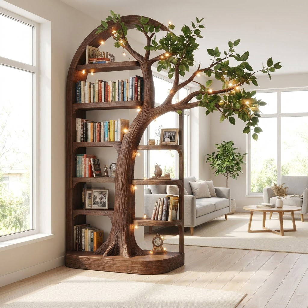 Sculptural solid wood arched tree bookshelf with cantilevered branch canopy in a contemporary living room