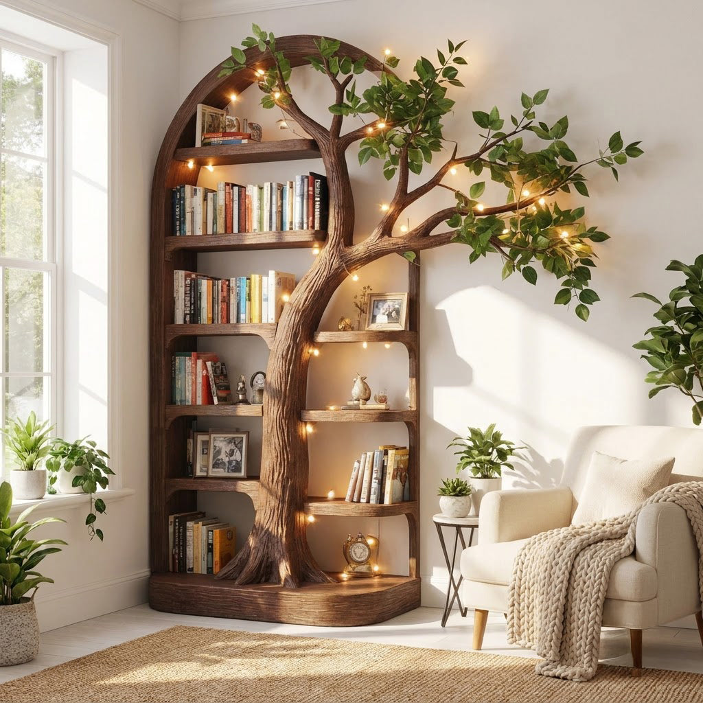 Hand-carved solid wood tree bookshelf with display shelves styled in a modern reading nook