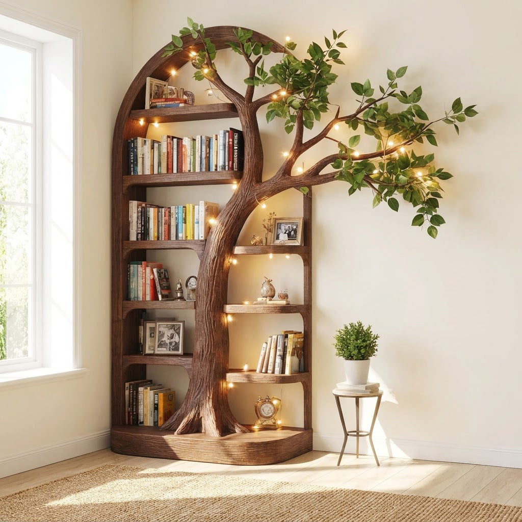 Sculptural solid wood tree bookshelf showcased in an elegant home interior