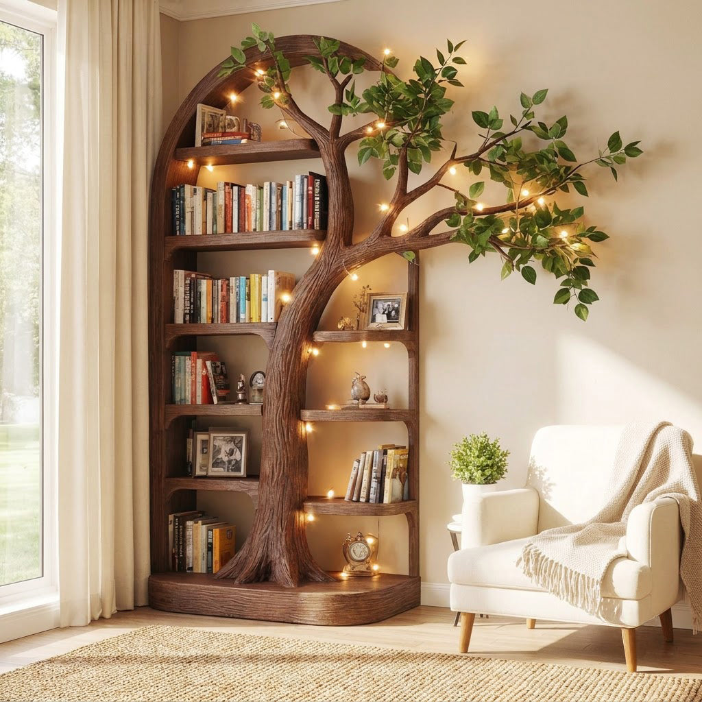 Organic solid wood branch canopy bookshelf displayed in a minimalist home office