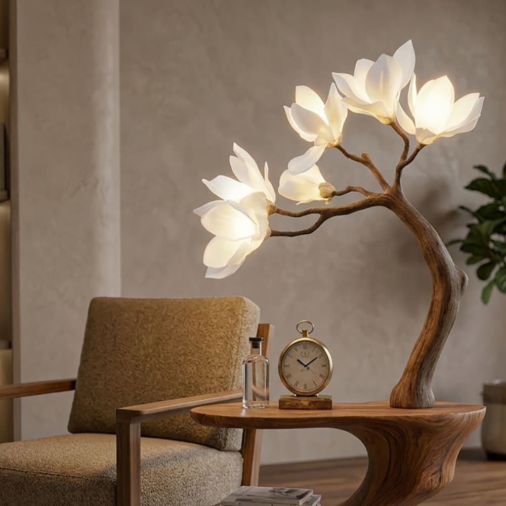 Hand-carved solid wood end table with decorative magnolia flower branch detailing