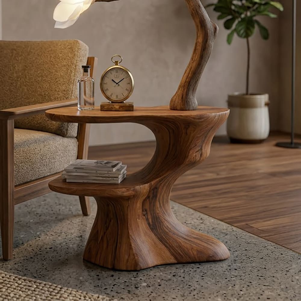 Sculptural solid wood accent table with a hand-carved magnolia branch design