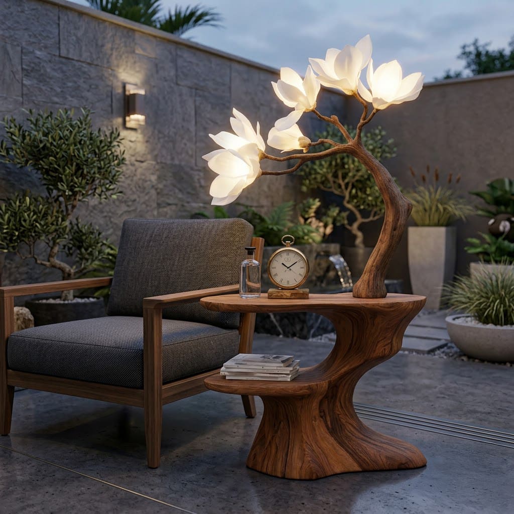 Decorative hand-carved solid wood end table with magnolia branch design for sophisticated home decor