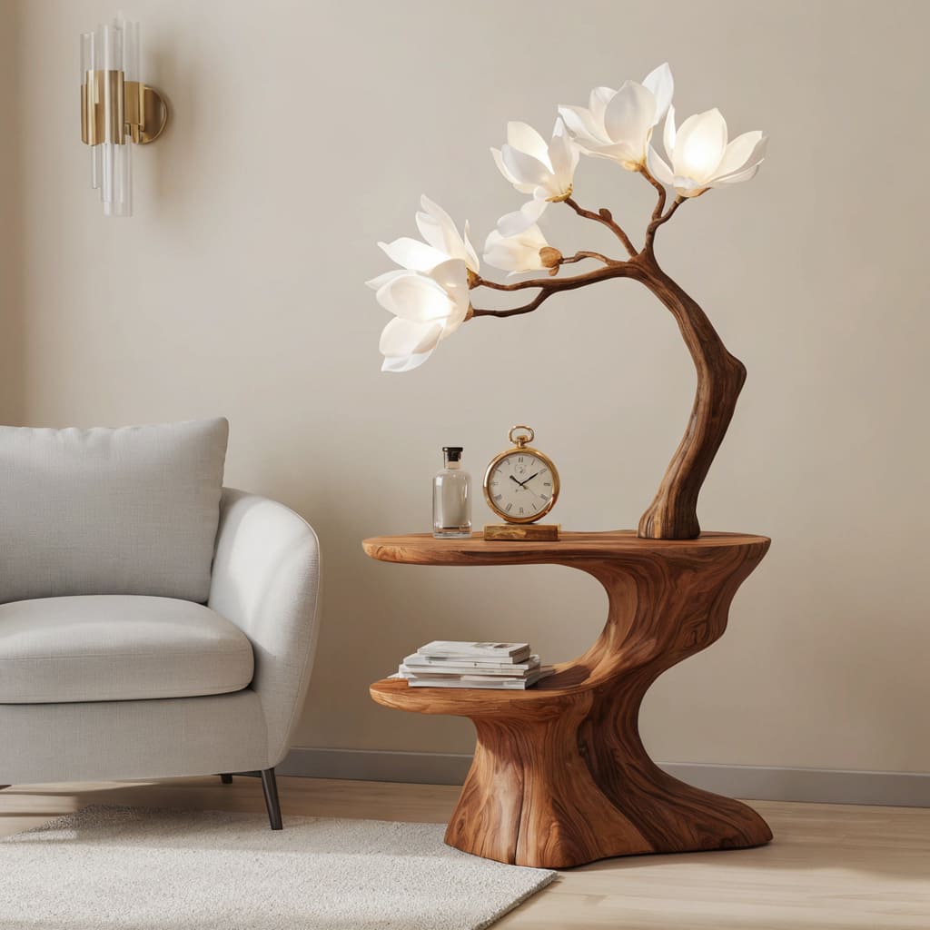 Sculptural hand-carved solid wood end table with a magnolia flower branch for elegant living rooms