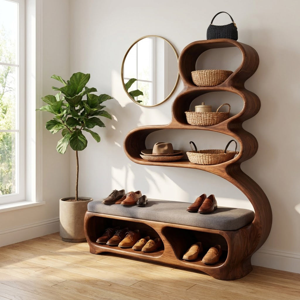 Sculptural solid wood entryway bench with multi-tier storage in a contemporary foyer