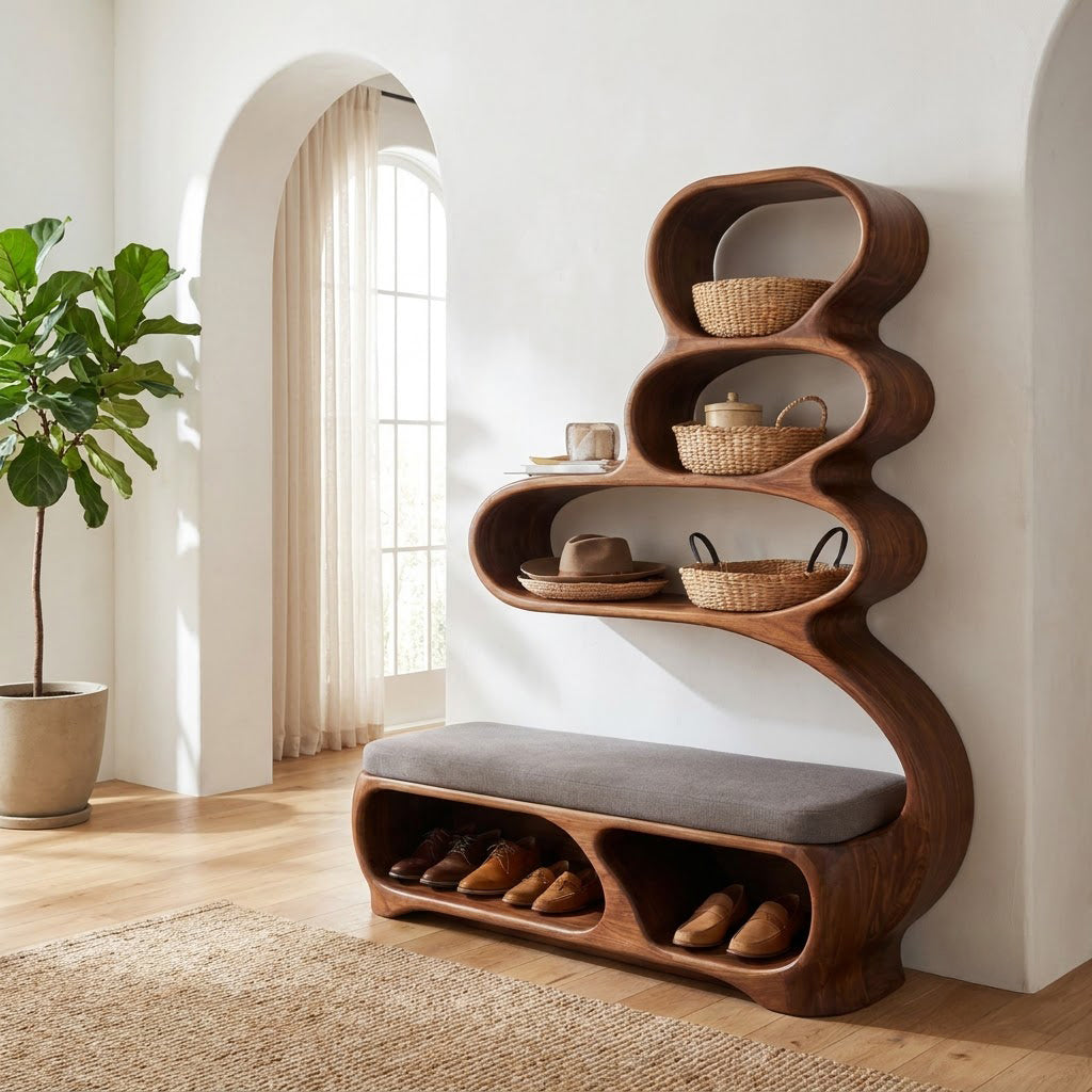 Sculptural solid wood multi-tier storage bench showcased in an elegant foyer