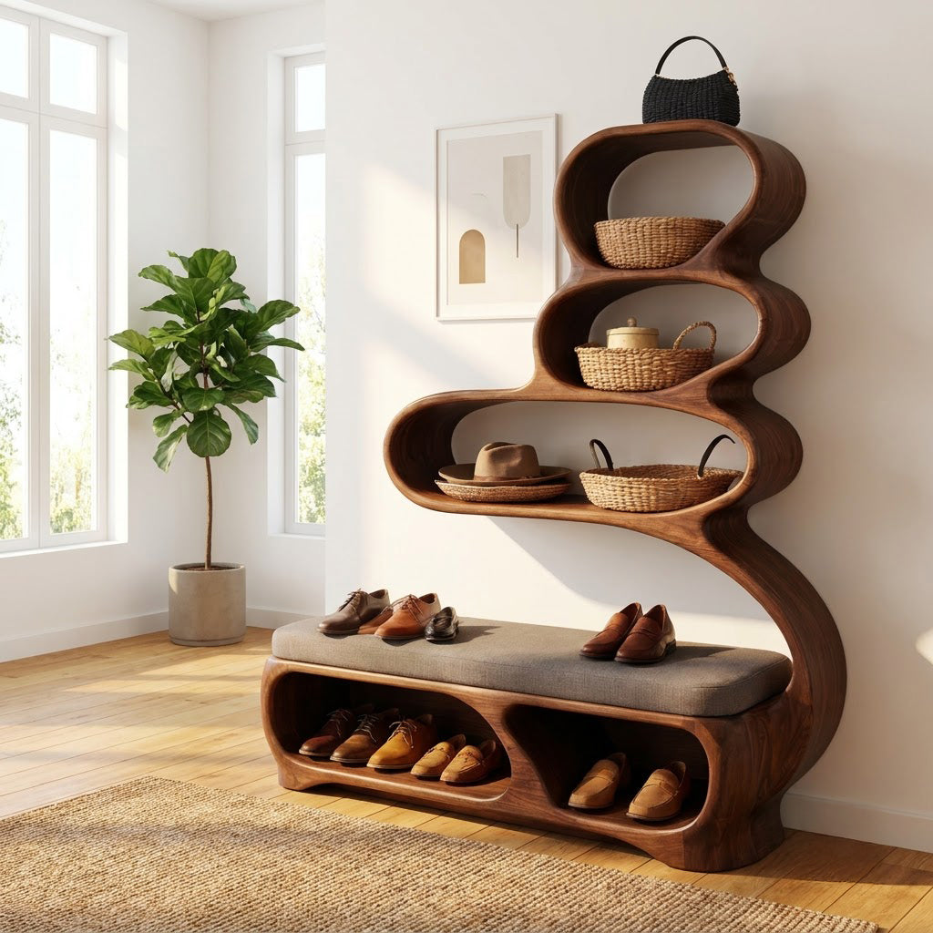 Organic solid wood curvilinear storage unit displayed in a minimalist hallway
