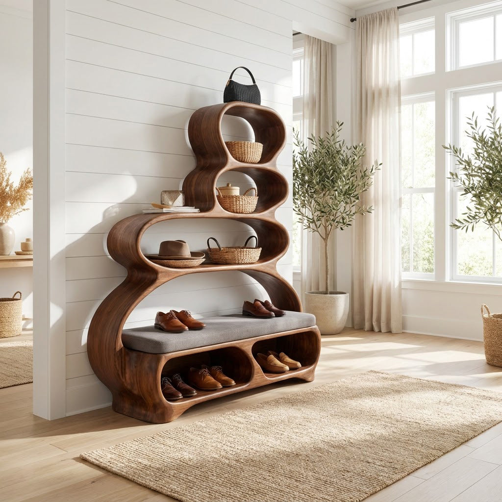 Sculptural entryway bench in solid wood