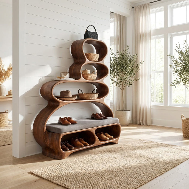 Sculptural entryway bench in solid wood