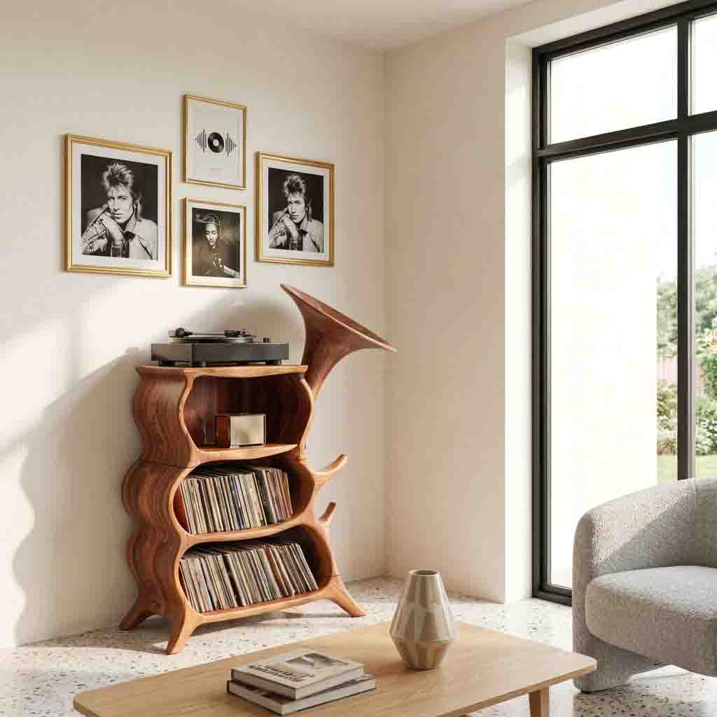 Sculptural solid wood gramophone record player cabinet in a contemporary living room