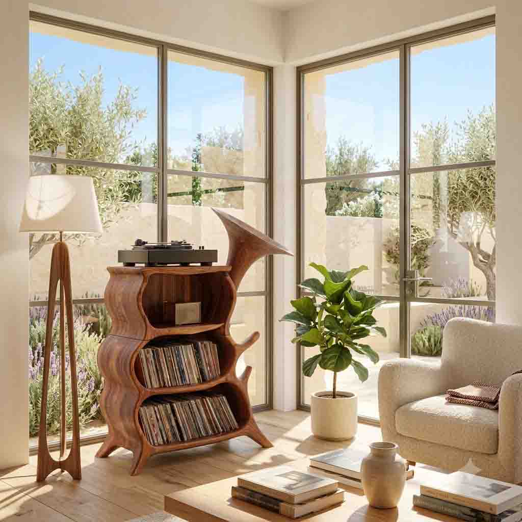 Sculptural solid wood record player cabinet showcased in an elegant home interior