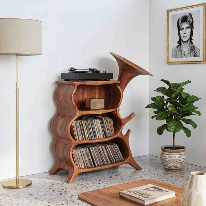 Sculptural gramophone record player cabinet in solid wood