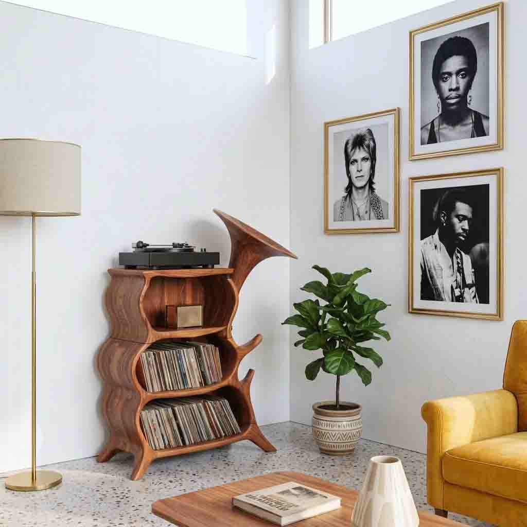Organic solid wood record player cabinet displayed in a cozy music corner