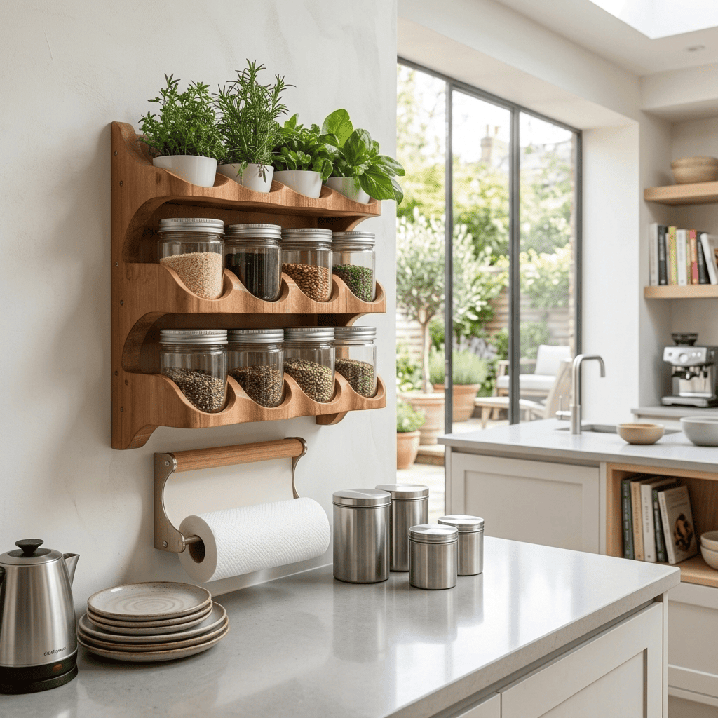 Sculptural hand-carved spice rack and herb planter wall shelf in solid wood
