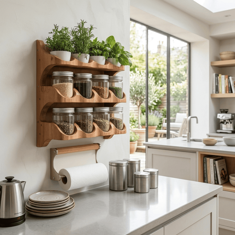 Sculptural hand-carved spice rack and herb planter wall shelf in solid wood