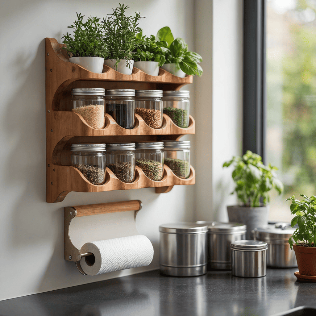 Hand-carved solid wood spice rack and herb planter shelf styled in a bright modern kitchen