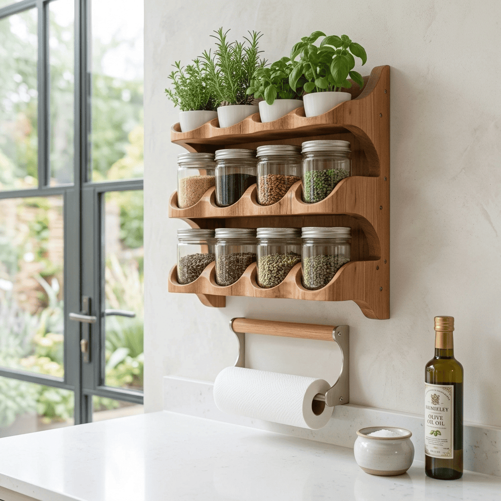 Contemporary solid wood hanging herb planter and spice rack mounted over a kitchen countertop