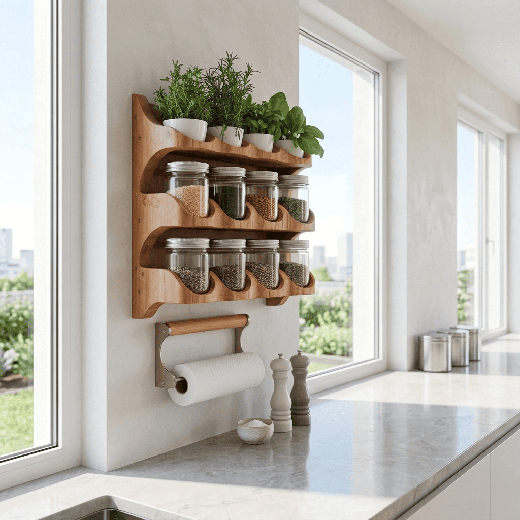 Contemporary solid wood hanging herb planter and spice rack mounted over a kitchen countertop